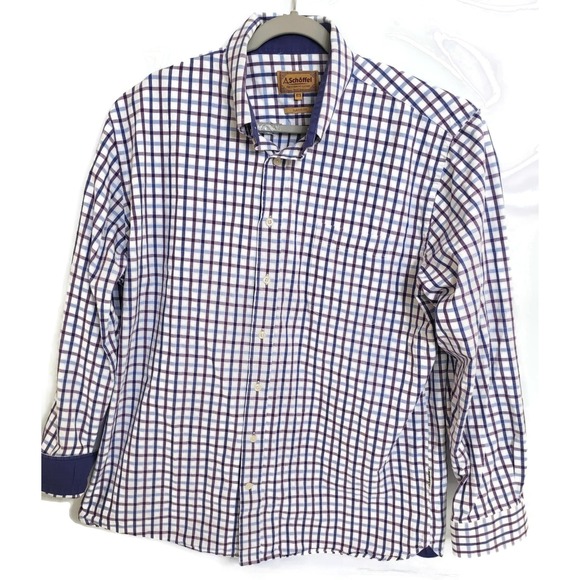 Schoffel Shirt Mens 17.5 White Purple Blue Check Classic Fit Long Sleeve Cotton - Picture 1 of 7